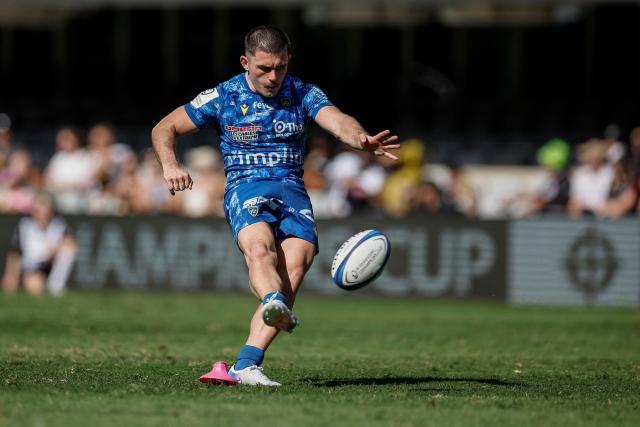 Clermont's French scrum-half Lucas Zamora converts a try during the European Champions Cup rugby union match between Sharks and Clermont in Durban on January 17, 2026. (Photo by PHILL MAGAKOE / AFP)
