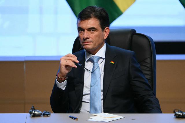 Bolivia's President Rodrigo Paz attends the signing ceremony of the trade agreement between the European Union and Mercosur, at the Gran Teatro Jose Asuncion Flores of Paraguay's Central Bank in Asuncion on January 17, 2026. The South American bloc Mercosur and the European Union on January 17 sign a major trade deal that has been 25 years in the making. (Photo by Luis ROBAYO / AFP)
