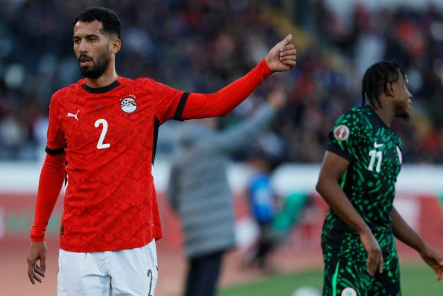 Egypt's defender #2 Khaled Sobhi reacts during the Africa Cup of Nations (CAN) third place football match between Egypt and Nigeria at the Mohammed V Stadium in Casablanca on January 17, 2026. (Photo by Abdel Majid BZIOUAT / AFP)