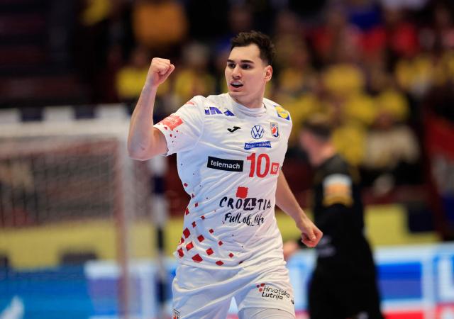 Josip Croatia's pivot #10 Josip Simic celebrates during the EHF Euro 2026 group E preliminary round handball match between Croatia and Georgia in Malmo, Sweden, on January 17, 2026. (Photo by Andreas Hillergren/TT / TT News Agency / AFP) / Sweden OUT