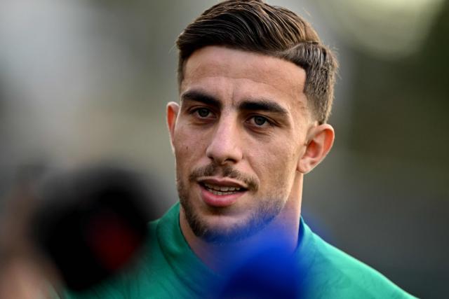 Morocco's goalkeeper #22 El Mehdi Al Harrar is interviewed during a training session in Rabat on January 17, 2026, on the eve of the Africa Cup of Nations (CAN) final football match between Senegal and Morocco. 23 (Photo by SEBASTIEN BOZON / AFP)