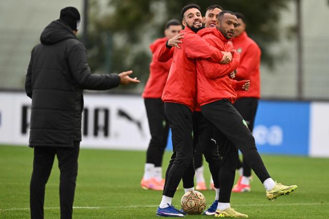Morocco players take part in a training session in Rabat on January 17, 2026, on the eve of the Africa Cup of Nations (CAN) final football match between Senegal and Morocco. (Photo by SEBASTIEN BOZON / AFP)