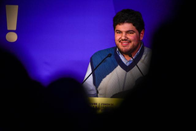 French anti-drug activist Amine Kessaci delivers a speech during a campaign to announce his candidacy for the mayor of Lyon ahead of the 2026 municipal elections in Lyon, eastern France on January 17, 2026. (Photo by OLIVIER CHASSIGNOLE / AFP)