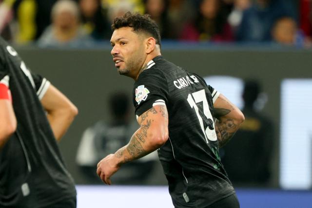 Al-Shabab's Brazilian forward #13 Carlos Junior celebrates after scoring a goal during the Saudi Pro League football match between al-Nassr and al-Shabab at al-Awwal Park stadium, in Riyadh on January 17, 2026. (Photo by Fayez Nureldine / AFP)