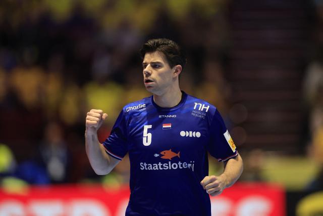 Netherlands' wing #05 Rutger Ten Velde celebrates during the EHF Euro 2026 group E preliminary round handball match between Sweden and The Netherlands in Malmo, Sweden, on January 17, 2026. (Photo by Andreas Hillergren/TT / TT News Agency / AFP) / Sweden OUT