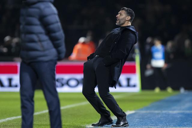 Westerlo's head coach Issame Charai reacts during the Belgian Pro League football match between KVC Westerlo and Cercle Bruges, in Westerlo, on January 17, 2026. (Photo by KRISTOF VAN ACCOM / Belga / AFP) / Belgium OUT