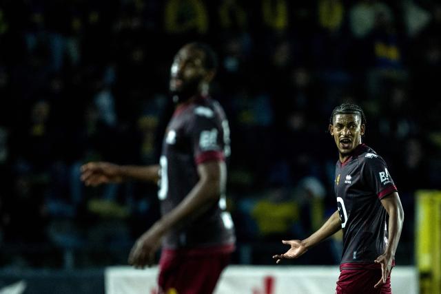 Mechelen's Moroccan defender #02 Redouane Halhal (R) reacts during the Belgian Pro League football match between Royale Union Saint-Gilloise and KV Mechelen at the Joseph-Marien stadium in Brussels on January 17, 2026. (Photo by JASPER JACOBS / Belga / AFP) / Belgium OUT