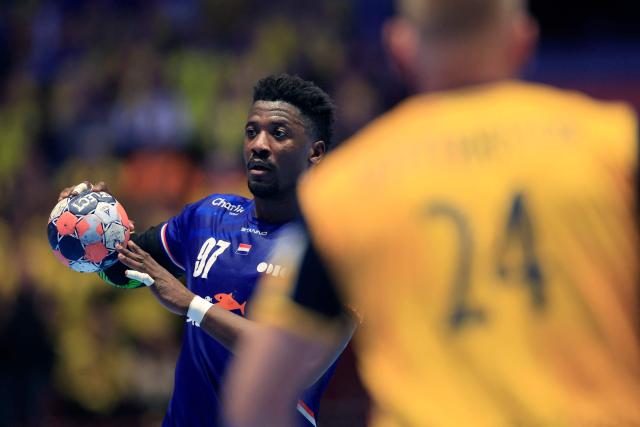 Netherlands' left back #97 Reinier Taboada reacts during the EHF Euro 2026 group E preliminary round handball match between Sweden and The Netherlands in Malmo, Sweden, on January 17, 2026. (Photo by Andreas Hillergren/TT / TT News Agency / AFP) / Sweden OUT