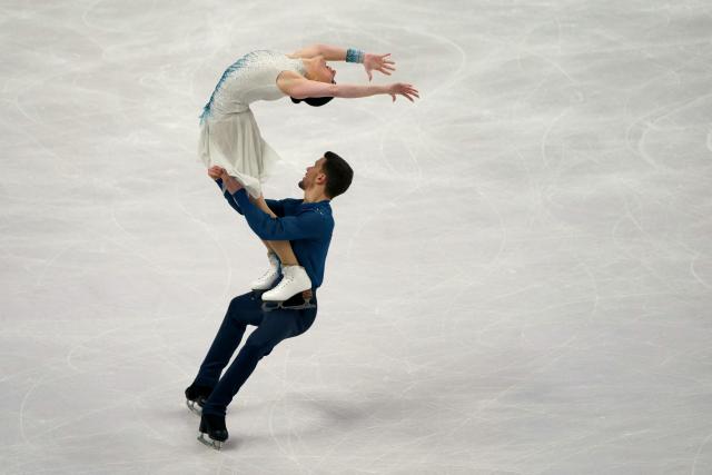 Italy's Charlene Guignard and Marco Fabbri perform during the Ice Dance Free Dance on the final day of the ISU Figure Ice Skating European Championships in Sheffield, northern England on January 17, 2026. (Photo by Ian HODGSON / AFP)