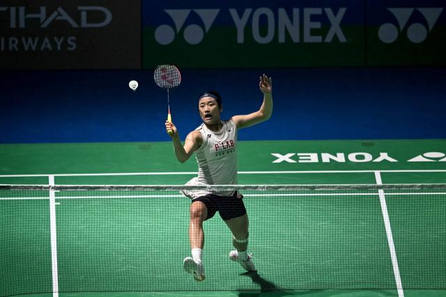 South Korea’s An Se-young hits a return during her women's singles final match against China's Wang Zhi Yi at the India Open 2026 badminton tournament in New Delhi on January 18, 2026. (Photo by Sajjad HUSSAIN / AFP)