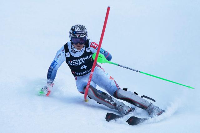 Norway's Timon Haugan competes in the first run of the men's slalom race of the FIS Alpine Skiing World Cup in Wengen, on January 18, 2026. (Photo by Dimitar DILKOFF / AFP)
