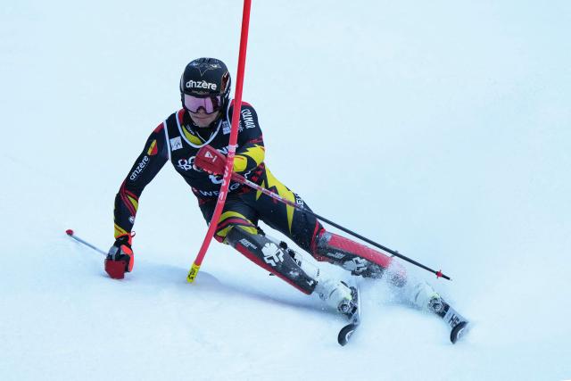 Belgium's Armand Marchant competes in the first run of the men's slalom race of the FIS Alpine Skiing World Cup in Wengen, on January 18, 2026. (Photo by Dimitar DILKOFF / AFP)