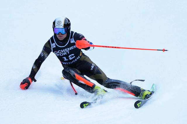 Finland's Eduard Hallberg competes in the first run of the men's slalom race of the FIS Alpine Skiing World Cup in Wengen, on January 18, 2026. (Photo by Dimitar DILKOFF / AFP)