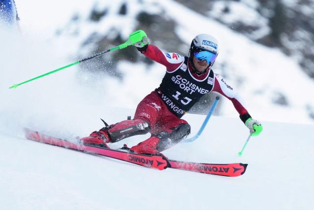 Austria's Fabio Gstrein competes in the first run of the men's slalom race of the FIS Alpine Skiing World Cup in Wengen, on January 18, 2026. (Photo by Dimitar DILKOFF / AFP)
