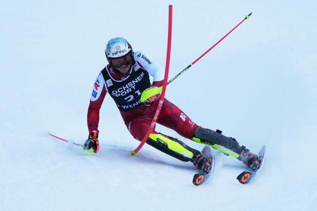 Austria's Michael Matt competes in the first run of the men's slalom race of the FIS Alpine Skiing World Cup in Wengen, on January 18, 2026. (Photo by Dimitar DILKOFF / AFP)