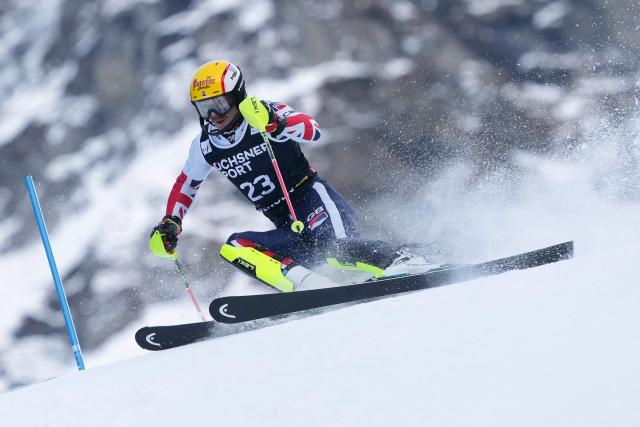 Great Britain's Laurie Taylor competes in the first run of the men's slalom race of the FIS Alpine Skiing World Cup in Wengen, on January 18, 2026. (Photo by Dimitar DILKOFF / AFP)