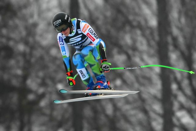 Slovenia's Ilka Stuhec competes during the Women's Super G event of FIS Alpine Skiing World Cup in Tarvisio, Italy on January 18, 2026. (Photo by Marco BERTORELLO / AFP)