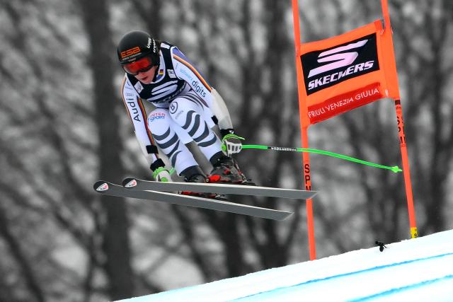 Germany's Kira Weidle competes during the Women's Super G event of FIS Alpine Skiing World Cup in Tarvisio, Italy on January 18, 2026. (Photo by Marco BERTORELLO / AFP)