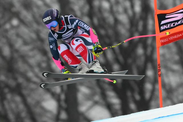 France's Laura Gauche competes during the Women's Super G event of FIS Alpine Skiing World Cup in Tarvisio, Italy on January 18, 2026. (Photo by Marco BERTORELLO / AFP)