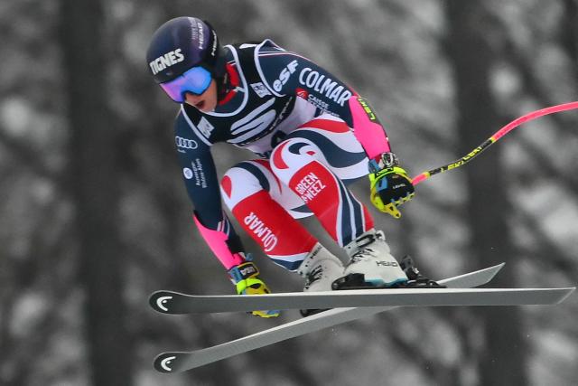 France's Laura Gauche competes during the Women's Super G event of FIS Alpine Skiing World Cup in Tarvisio, Italy on January 18, 2026. (Photo by Marco BERTORELLO / AFP)
