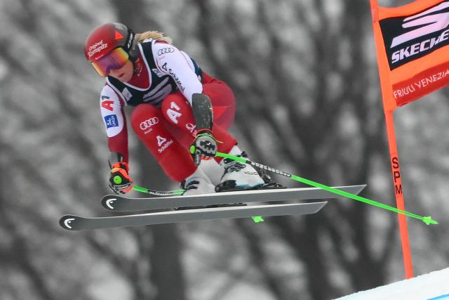 Austria's Cornelia Huetter competes during the Women's Super G event of FIS Alpine Skiing World Cup in Tarvisio, Italy on January 18, 2026. (Photo by Marco BERTORELLO / AFP)