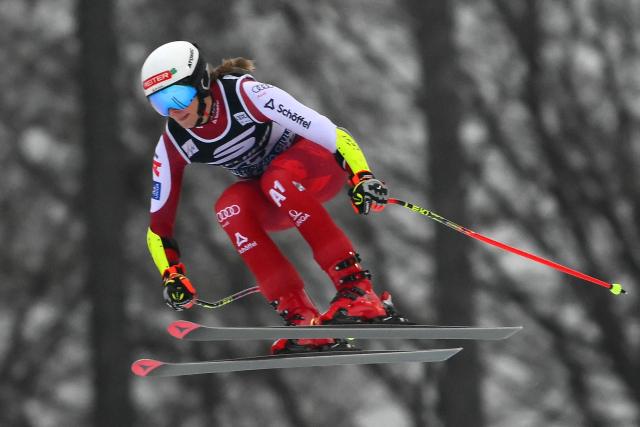 Austria's Mirjam Puchner competes during the Women's Super G event of FIS Alpine Skiing World Cup in Tarvisio, Italy on January 18, 2026. (Photo by Marco BERTORELLO / AFP)