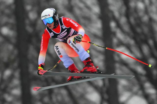 Switzerland's Malorie Blanc competes during the Women's Super G event of FIS Alpine Skiing World Cup in Tarvisio, Italy on January 18, 2026. (Photo by Marco BERTORELLO / AFP)