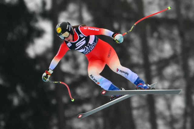 Switzerland's Jasmina Suter competes during the Women's Super G event of FIS Alpine Skiing World Cup in Tarvisio, Italy on January 18, 2026. (Photo by Marco BERTORELLO / AFP)