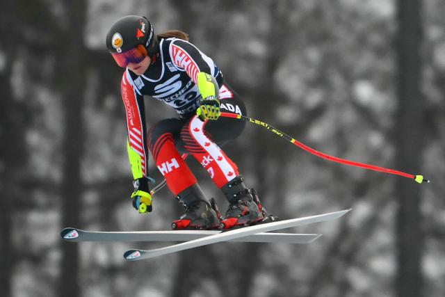 Canada's Valerie Grenier competes during the Women's Super G event of FIS Alpine Skiing World Cup in Tarvisio, Italy on January 18, 2026. (Photo by Marco BERTORELLO / AFP)
