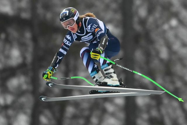 US' Tricia Mangan competes during the Women's Super G event of FIS Alpine Skiing World Cup in Tarvisio, Italy on January 18, 2026. (Photo by Marco BERTORELLO / AFP)