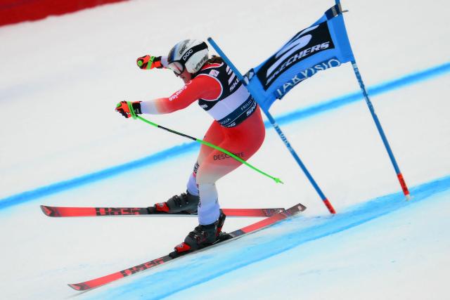 Switzerland's Stefanie Grob competes during the Women's Super G event of FIS Alpine Skiing World Cup in Tarvisio, Italy on January 18, 2026. (Photo by Marco BERTORELLO / AFP)