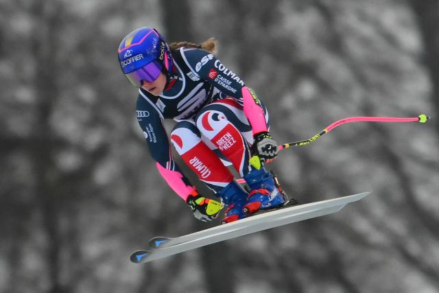 France's Clara Direz competes during the Women's Super G event of FIS Alpine Skiing World Cup in Tarvisio, Italy on January 18, 2026. (Photo by Marco BERTORELLO / AFP)