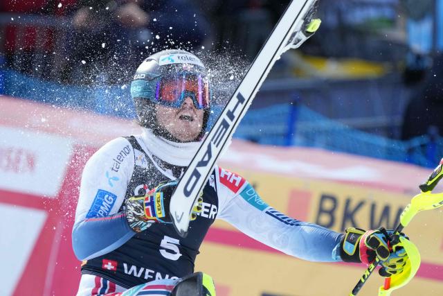 Norway's Atle Lie McGrath reacts in the finish area as he wins the  men's slalom race of the FIS Alpine Skiing World Cup in Wengen, on January 18, 2026. (Photo by Dimitar DILKOFF / AFP)
