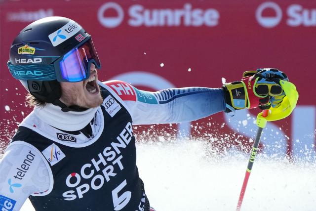Norway's Atle Lie McGrath reacts in the finish area as he wins the  men's slalom race of the FIS Alpine Skiing World Cup in Wengen, on January 18, 2026. (Photo by Dimitar DILKOFF / AFP)