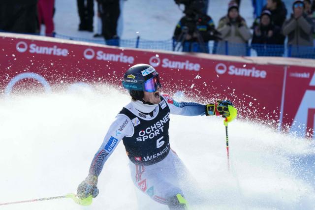 Norway's Atle Lie McGrath reacts in the finish area as he wins the  men's slalom race of the FIS Alpine Skiing World Cup in Wengen, on January 18, 2026. (Photo by Dimitar DILKOFF / AFP)