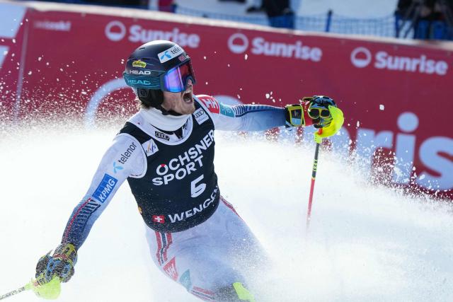 Norway's Atle Lie McGrath reacts in the finish area as he wins the  men's slalom race of the FIS Alpine Skiing World Cup in Wengen, on January 18, 2026. (Photo by Dimitar DILKOFF / AFP)