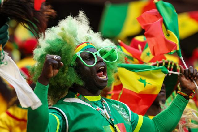 A Senegal fan cheers before the start of the Africa Cup of Nations (CAN) final football match between Senegal and Morocco at the Prince Moulay Abdellah Stadium in Rabat on January 18, 2026. (Photo by FRANCK FIFE / AFP)