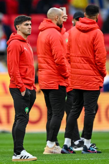 Morocco's forward #10 Brahim Diaz arrives with teammates prior the Africa Cup of Nations (CAN) final football match between Senegal and Morocco at the Prince Moulay Abdellah Stadium in Rabat on January 18, 2026. (Photo by SEBASTIEN BOZON / AFP)