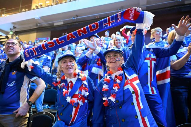Iceland fans cheer prior to the men's EHF Euro 2026 preliminary round group F handball match Poland v Iceland in Kristianstad, Sweden, on January 18, 2026. (Photo by Johan Nilsson/TT / TT NEWS AGENCY / AFP) / Sweden OUT