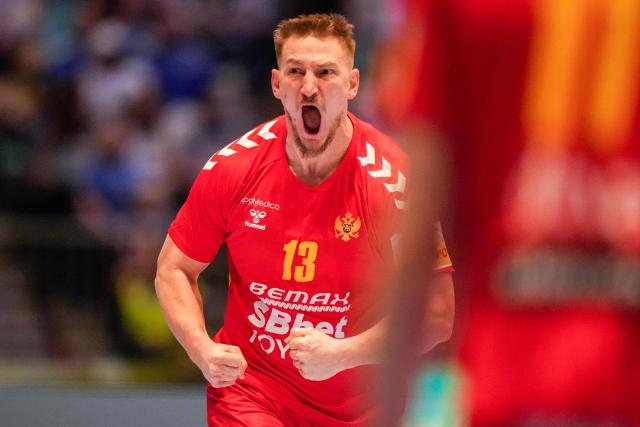 Montenegro's right winger #13 Mirko Radovic reacts during the men's EHF Euro 2026 preliminary round handball match Montenegro vs Faroe Islands in Oslo, Norway, on January 18, 2026. (Photo by Cornelius Poppe / NTB / AFP) / Norway OUT
