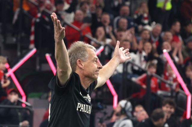 Former Bayern Munich player Juergen Klinsmann reacts during the Legends Cup in the SAP Garden in Munich, southern Germany on January 18, 2026. (Photo by Karl-Josef HILDENBRAND / AFP)