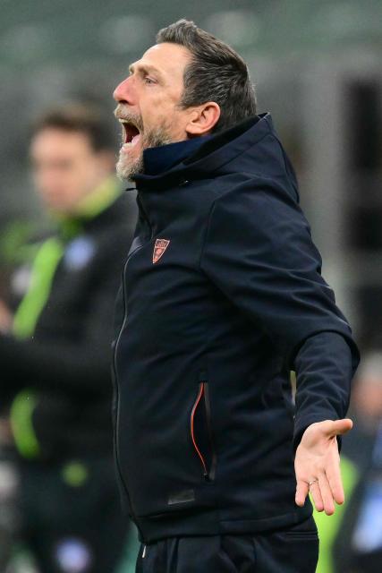 Lecce's Italian coach Eusebio Di Francesco reacts during the Italian Serie A football match between AC Milan and Lecce at San Siro stadium in Milan, northern Italy, on January 18, 2026. (Photo by Stefano RELLANDINI / AFP)