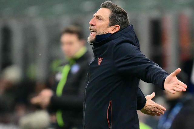 Lecce's Italian coach Eusebio Di Francesco reacts during the Italian Serie A football match between AC Milan and Lecce at San Siro stadium in Milan, northern Italy, on January 18, 2026. (Photo by Stefano RELLANDINI / AFP)