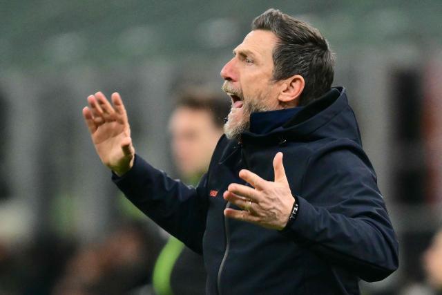 Lecce's Italian coach Eusebio Di Francesco reacts during the Italian Serie A football match between AC Milan and Lecce at San Siro stadium in Milan, northern Italy, on January 18, 2026. (Photo by Stefano RELLANDINI / AFP)
