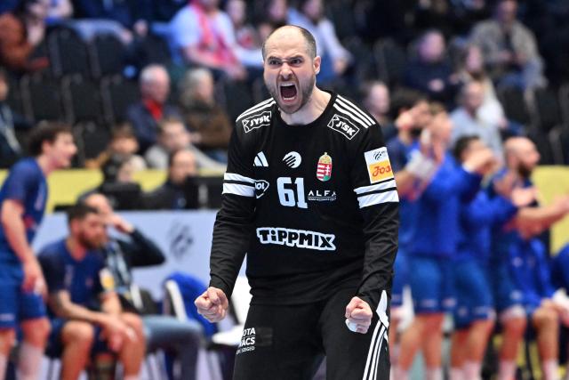 Hungary's goalkeeper #61 Laszlo Bartucz reacts during the men's EHF Euro 2026 preliminary round group F handball match Italy v Hungary in Kristianstad, Sweden, on January 18, 2026. (Photo by Johan Nilsson/TT / TT NEWS AGENCY / AFP) / Sweden OUT