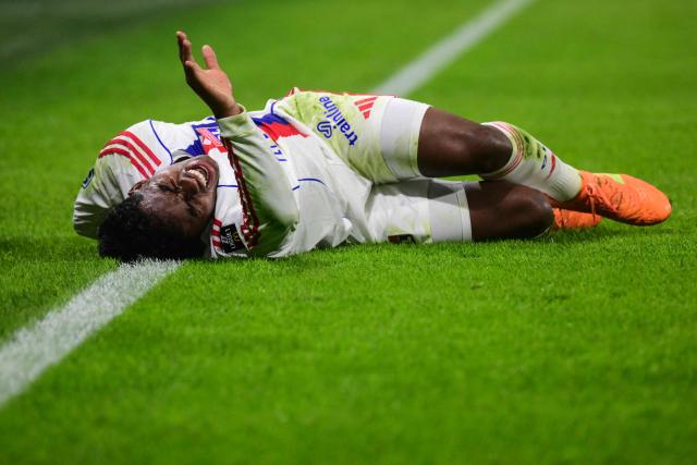 Lyon’s Brazilian forward #09 Endrick reacts after an injury during the French L1 football match between Olympique Lyonnais (OL) and Stade Brestois 29 at the Groupama Stadium in Decines-Charpieu, central-eastern France, on January 18, 2026. (Photo by OLIVIER CHASSIGNOLE / AFP)