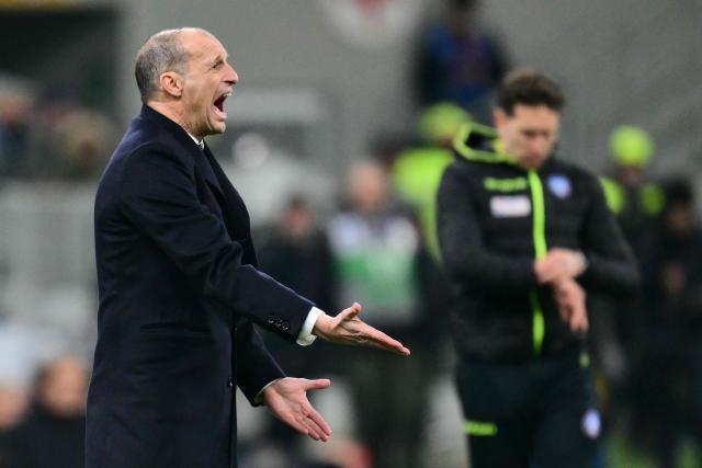 AC Milan's Italian coach Massimiliano Allegri reacts during the Italian Serie A football match between AC Milan and Lecce at San Siro stadium in Milan, northern Italy, on January 18, 2026. (Photo by Stefano RELLANDINI / AFP)