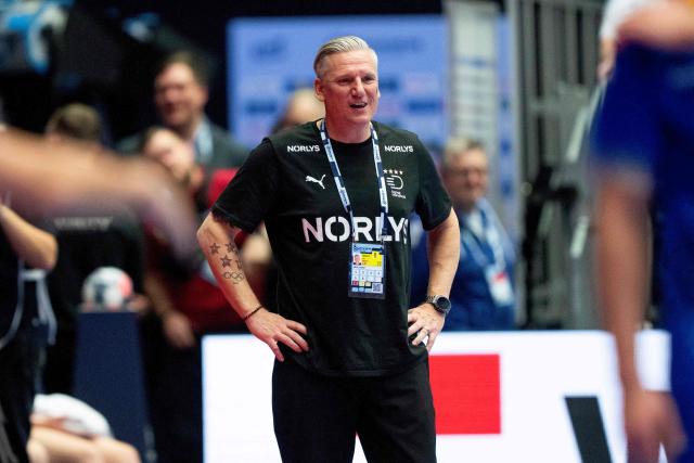 Denmark's national coach Nikolaj Jacobsen reacts during the men's EHF Euro 2026 preliminary round group B handball match Romania vs Denmark in Herning, Denmark, on January 18, 2026. (Photo by Bo Amstrup / Ritzau Scanpix / AFP) / Denmark OUT