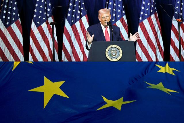 (COMBO) This combination of pictures created on January 19, 2026 shows US President Donald Trump speaks during the House Republican Party (GOP) member retreat at the Kennedy Center in Washington DC on January 6, 2026 (Top) and  a giant EU flag waved by demonstrators during a protest in Tbilisi on April 28, 2024. European leaders on January 18, 2026 slammed US President Donald Trump's threat of tariffs over their opposition to his designs on Greenland, warning transatlantic ties were at risk. European countries including Denmark, of which Greenland is an autonomous territory, said they "stand united" against Trump's vow to hit them with tariffs of up to 25 percent unless Greenland is ceded to the United States. (Photo by Mandel NGAN and Vano SHLAMOV / AFP)