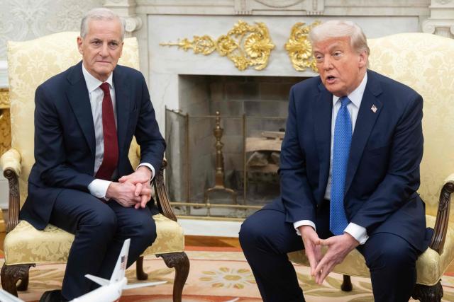 (FILES) US President Donald Trump holds a bilateral meeting with Prime Minister of Norway Jonas Gahr Store in the Oval Office of the White House in Washington, DC, on April 24, 2025. US President Donald Trump told Norway's prime minister he no longer needed to think "purely of peace" after failing to win the Nobel Peace Prize, in a message published on January 19, 2026. Trump went on to reiterate his desire for the United States to take control of Greenland, an autonomous Danish territory, in the interest of world peace. (Photo by SAUL LOEB / AFP)